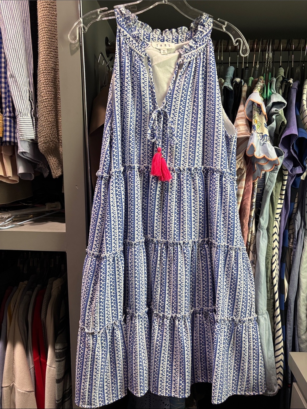 THML Blue and White Tiered Sleeveless Dress with Pink Tassel